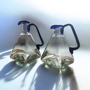 Vintage Glass Oil Vinegar Cruet Set Hand Blown Blue Rim Triangular Pitchers 2 Pc
